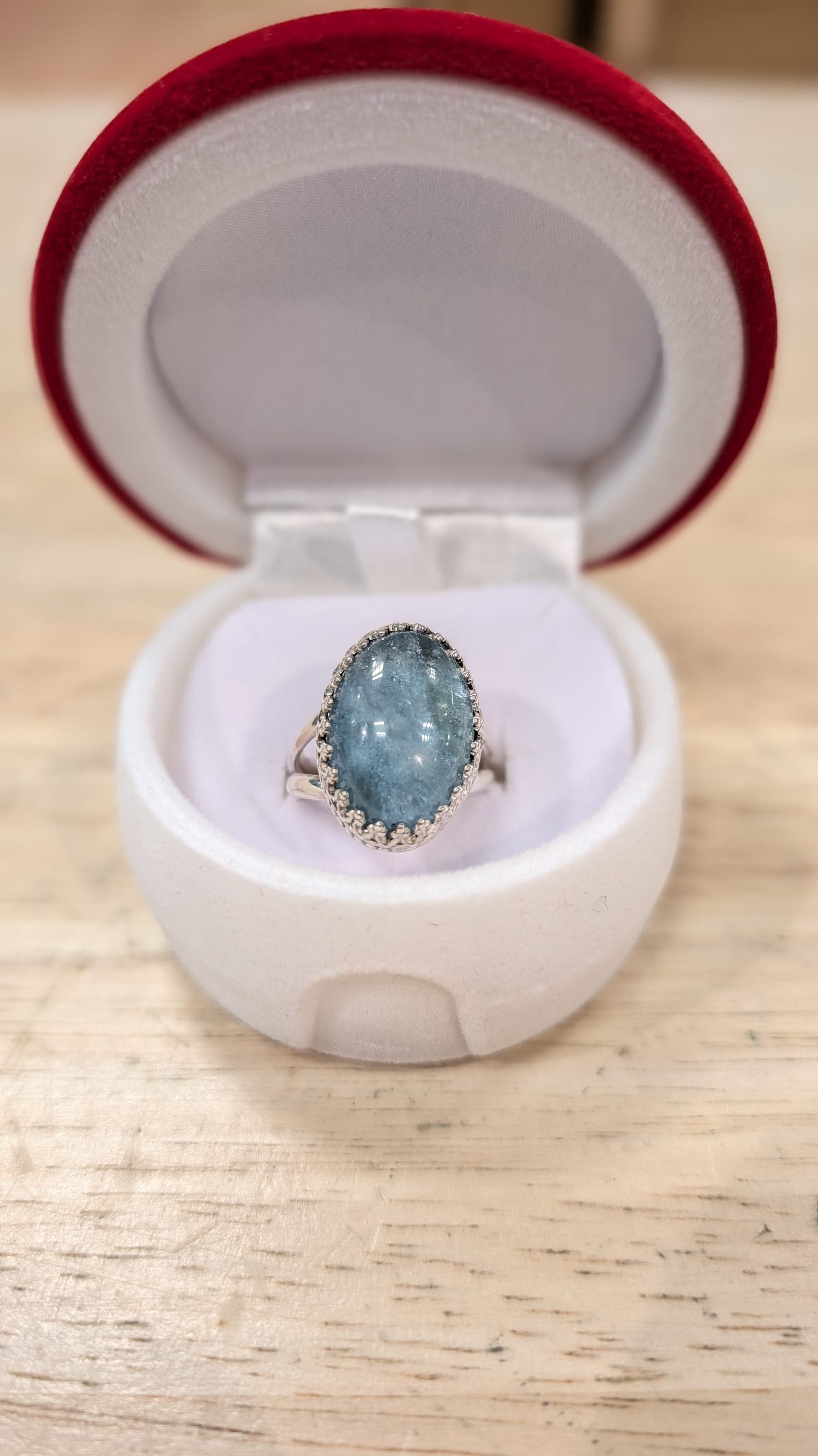 An aquamarine ring in a velvet box